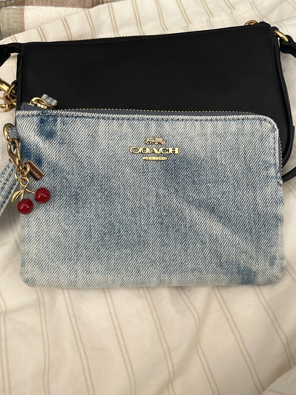 Coach Denim Wristlet with Cherry Charm and Gold Logo
